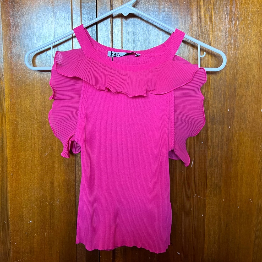 Zara Pink Ruffle Ribbed Tank Top
